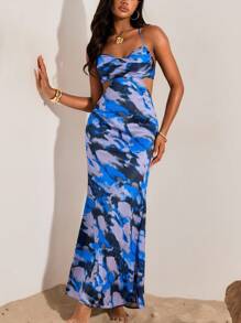 Opulessa Woven Printed Cutout Backless Slip Dress For Women  Holiday Outfits Summer Outfits Vacation - Blue - View 5