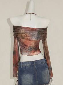 SHEIN ICON Áo crop top hở vai tay dài màu nâu xếp ly phong cách Boho nhuộm loang thời trang mùa hè/thu cho nữ, phong cách nghỉ dưỡng thời trang, mùa xuân/hè - Nhiều màu - Xem 2