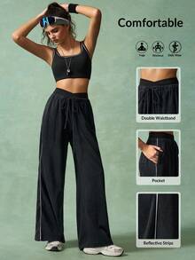 VARSIVA 女式休闲抽绳腰阔腿运动裤，日常穿着 - 黑色 - 查看 10