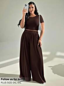 Auralis 大码夏季女士休闲套装、阔腿裤套装、夏季套装 - 咖啡棕 - 查看 2