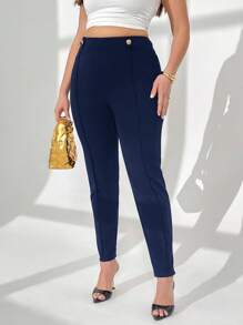 Auralis Plus High Waist Seam Detail Pants - Navy Blue - View 6