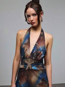 TypaGal Vestido de lujo con estilo oceánico, diseño de estampado degradado azul y marrón, espalda con tirantes sexy, decoración exquisita de strass en forma de estrella de mar en la cintura, bajo asimétrico con apliques de tul, que resalta las curvas encantadoras, adecuado para fiestas de vacaciones o actividades en la playa.
