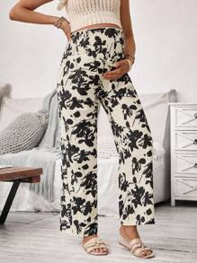 SHEIN Women Maternity Casual High Waist Plant Printed Pants, Autumn - Khaki - View 5