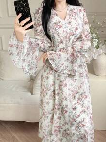 Modelyn 女式花卉印花撞色蕾丝喇叭袖优雅连衣裙 - 白色 - 查看 3