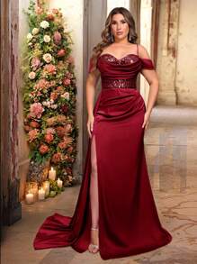 Glamrae 加大码优雅浪漫甜心领露肩腰部亮片拼接弹力缎面荷叶边侧开衩鱼尾连衣裙，适合婚礼、活动、派对、庆典和正式场合 - 酒紅色 - 查看 1