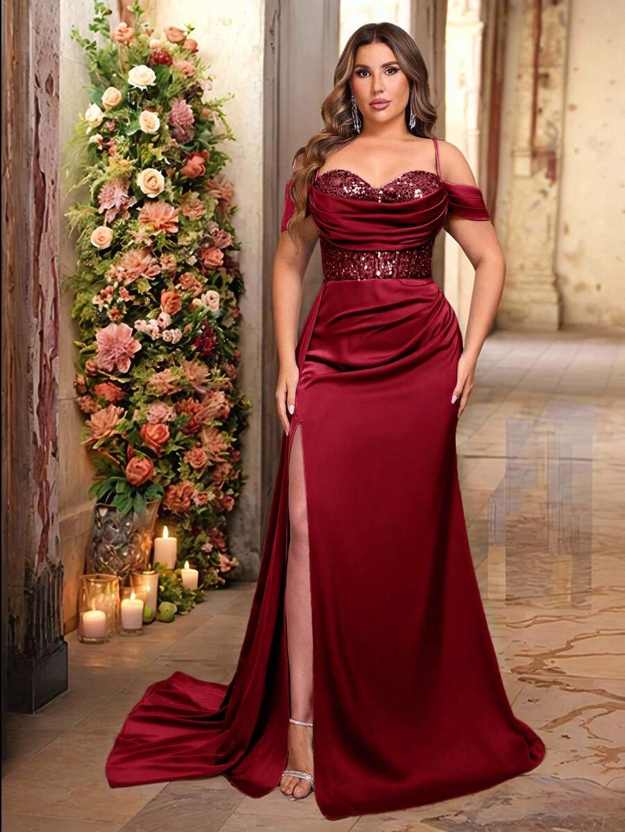 Glamrae 加大码优雅浪漫甜心领露肩腰部亮片拼接弹力缎面荷叶边侧开衩鱼尾连衣裙，适合婚礼、活动、派对、庆典和正式场合 - 酒紅色 - 查看 1