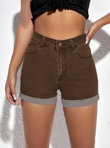 Jeanoix Women's High Waist Rolled Hem Brown Casual Denim Shorts, Summer