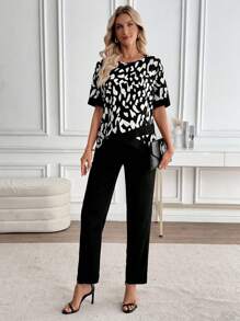 EMERY ROSE 2pcs Summer Women Allover Allover Print Short Sleeve Top And Solid Color Pants Set Fall Women Clothes Fall Clothes For Women Fall Outfits Women Autumn Clothes Fall Outfits Autumn Winter Clothes For Women Winter Business Casual Woman Usiness Casual Outfits Women Usiness Casual Outfits Women Country Country Outfits Women Old Money Basic Teacher Outfits For Women Oing Out Tops Women Back To School - Brown - View 3