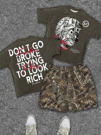 SHEIN Bộ 2 món dành cho bé trai, phong cách tối giản cổ điển, gồm áo thun ngắn tay cổ tròn và quần short in họa tiết, thích hợp cho mùa hè, phong cách Y2K.