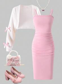 Sparklyn Teen Girl Pink Bow Decor White Cardigan & Pink Camisole Dress Set Fall Winter - White - View 3