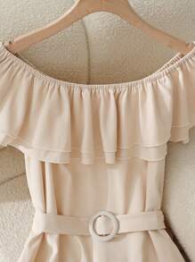 SHEIN Clasi 1pc Comma Collar Ruffle Hem Pleated Casual Commuter Dress - Apricot - View 3