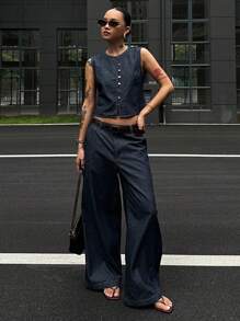 DAZY 2 piezas Conjunto casual de mujer con top sin mangas y pantalones anchos de mezclilla para uso al aire libre - Azul - Ver 6