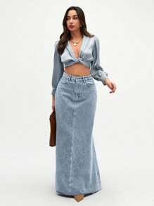 SHEIN Tall Women's Summer Casual Washed Diagonal Pocket Fishtail Hem Denim Skirt - Baby Blue - View 4