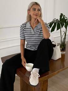 DAZY 女式条纹V领短袖宽下摆针织上衣，休闲 - 灰色 - 查看 5