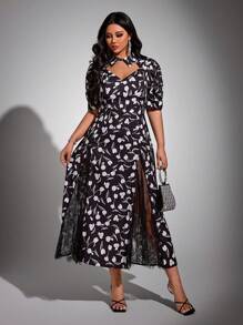 Viva Relle Vestido elegante de vacaciones con mangas abullonadas y bajo con abertura, talla grande