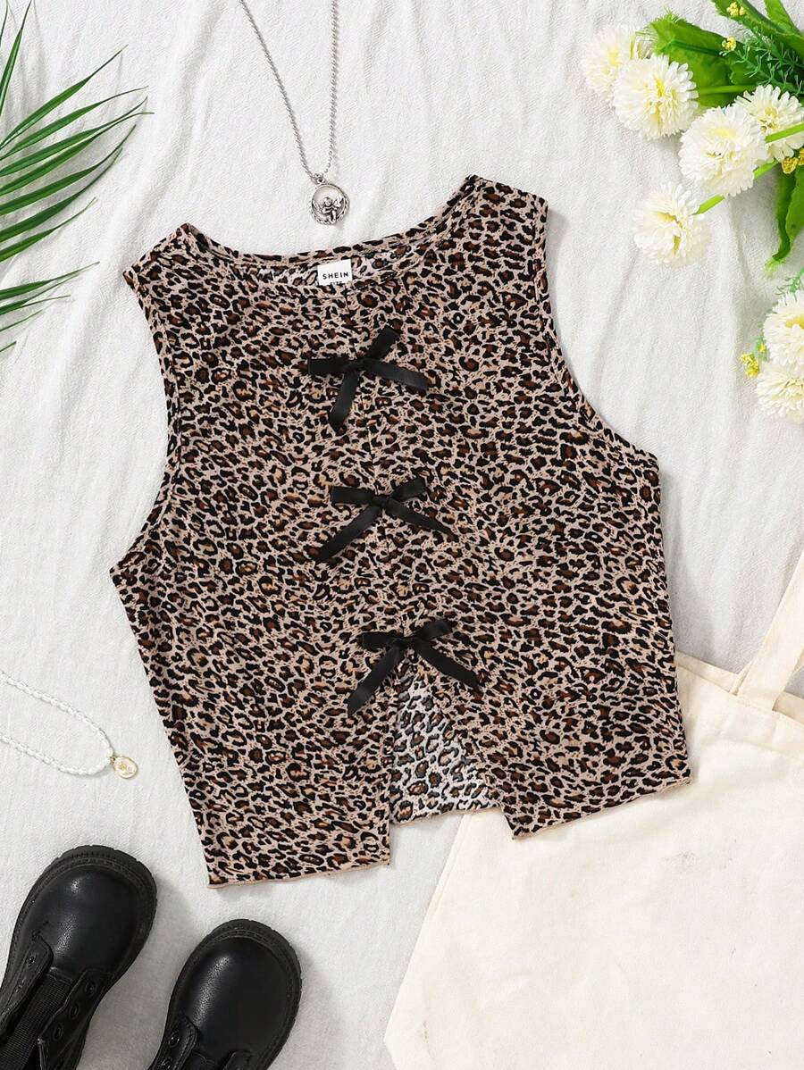 SHEIN Top sans manches pour adolescente avec col rond, imprimé léopard, nœud contrastant et fente dans le dos - Nude - Voir 1
