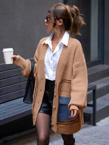 EURMUSE Knitwear Cardigan With Denim Detail Fall Winter Outwear Jacket - Beige - View 3