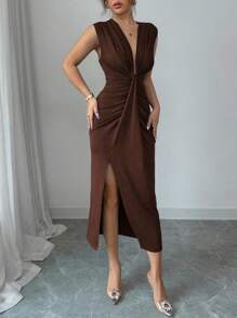 Rafferiza Elegant Sleeveless Navy Blue Deep V-Neck Draped Hem Slit Dress For Women, Spring/Summer - Mocha Brown - View 4