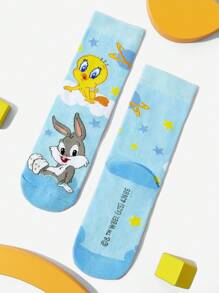 LOONEY TUNES X SHEIN 3 双棉质柔软透气吸湿排汗儿童中筒袜，彩色可爱卡通崔弟图案中筒袜，加固脚趾和脚跟，经久耐用，男女通用，四季百搭，适合学校和户外，黄色和蓝色 - 彩色 - 查看 10