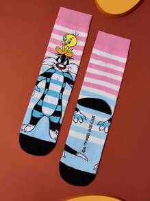 LOONEY TUNES X SHEIN 3 双柔软透气吸湿排汗休闲女士中筒袜，带有 Tweety & Sylvester 和时尚可爱的粉色和蓝色中筒袜，加固脚趾和脚跟，经久耐用，适合所有季节穿着 - 彩色 - 查看 10