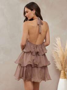 L'Amorae 女式三层透视迷你连衣裙，配手镯领口饰边 - 咖啡 - 查看 5