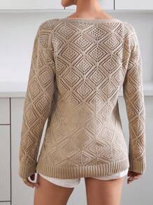 EURMUSE Women's Casual Beige Knit Top With Boat Neck And Long Sleeves, Featuring A Stylish Hollow Out Patterned Design For Everyday Wear.,Jumper,Cream Jumper,Jumpers,Black Jumper,Womens Jumper,White Jumper,Women's Jumper,Women's Jumpers,Winter Clothes - Beige - View 2