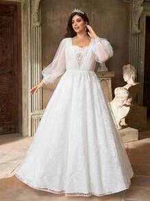 Aureia 加大码优雅浪漫奢华白色串珠刺绣透明灯笼袖花卉贴花加大码喇叭下摆连衣裙，适合晚会、度假、蜜月、舞厅、婚礼、新娘 - 白色 - 查看 6