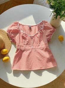 SHEIN EZwear 粉色和白色格子编织休闲女士衬衫，简约时尚，适合夏季 - 粉色 - 查看 5