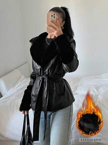 SHEIN Tween Girl Solid Color Long Sleeve Casual Oversized Collar PU Patchwork Fleece Drawstring Waist Jacket Coat (2 Piece Set Sold Separately), Autumn/Winter Outerwear, PU Jacket Coat Mommy And Me Matching Outfits - Black - View 1