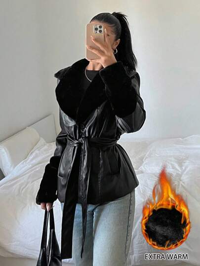 SHEIN Tween Girl Solid Color Long Sleeve Casual Oversized Collar PU Patchwork Fleece Drawstring Waist Jacket Coat (2 Piece Set Sold Separately), Autumn/Winter Outerwear, PU Jacket Coat Mommy And Me Matching Outfits