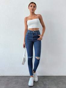 EURMUSE Women's Pocket Detail Ripped Skinny Casual Versatile Jeans - Dark Wash - View 4