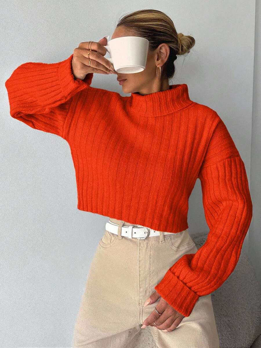 EURMUSE Women Solid Color High Collar Drop Shoulder Ribbed Knit Cropped Casual Sweater,Jumper,Cream Jumper,Jumpers,Black Jumper,Womens Jumper,White Jumper,Women's Jumper,Women's Jumpers,Winter Clothes - Orange - View 1