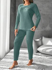 EURMUSE Women's Printed Text & Striped Ribbed Knit Homewear Set - Dark Green - View 5