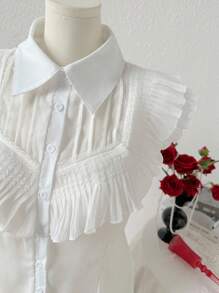 SHEIN Clasi Plus Size Summer Casual Solid Color Ruffle Front Button Up Shirt - White - View 5