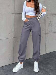 EURMUSE Women's Casual Street Style Solid Color Flap Pocket Cargo Jogger Jeans - Dark Grey - View 4