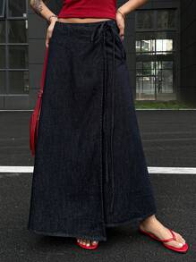 DAZY Váy maxi denim nữ kiểu dáng thường ngày, thắt nơ, váy maxi denim màu xanh đậm, váy thường ngày, váy maxi denim, váy denim dài, váy jeans, váy maxi nữ, váy quấn. - Màu xanh lam - Xem 6