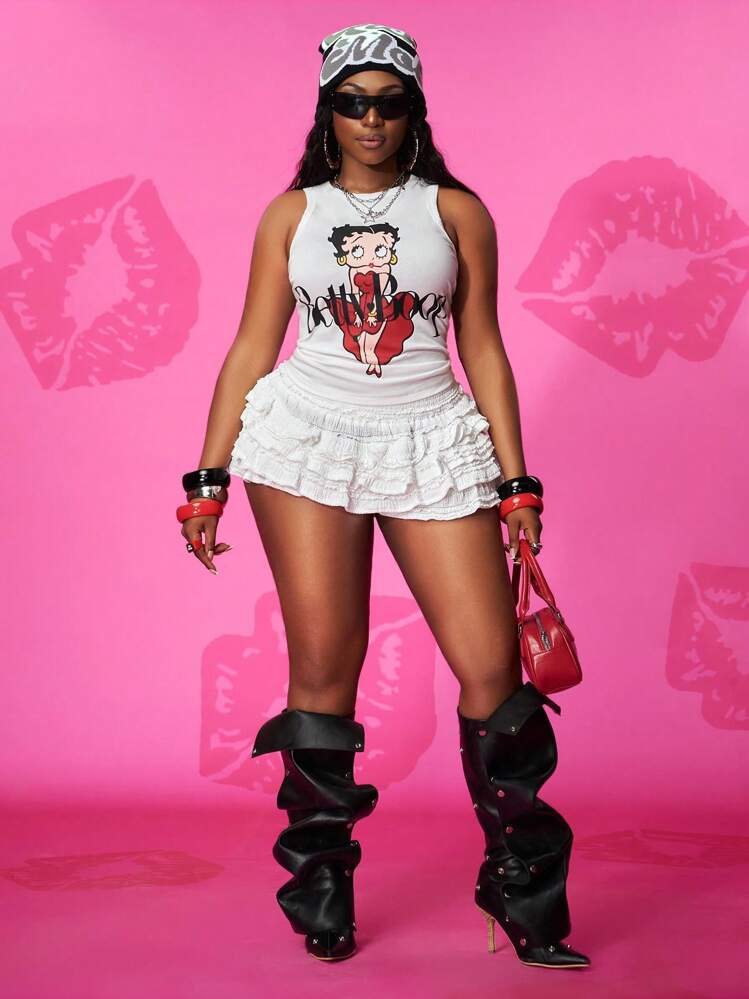 Slaydiva Betty Boop x SHEIN Plus Size 2025 Primavera/Verão Nova Casual Sexy Desenho Animado Figura Gráfico Regata Ajustada Para Mulheres - Multicolorido - Ver 5