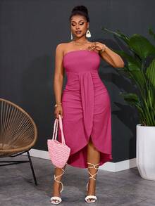 Slaydiva 新款春夏休闲度假抹胸上衣，正面和中间采用重叠褶裥设计，弧形下摆，前短后长，黄色竖条纹纹理女式加大码长裙 - 玫紅色 - 查看 7