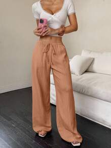 Flirla Women Solid Color Waist Tie Pocket Wide Leg Loose Casual Pants Fall Cloth For Women - Orange - View 7