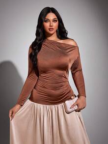 Viva Relle Elegant Shoulder-Cutout Patchwork Fitted Plus Size Dress - Apricot - View 6