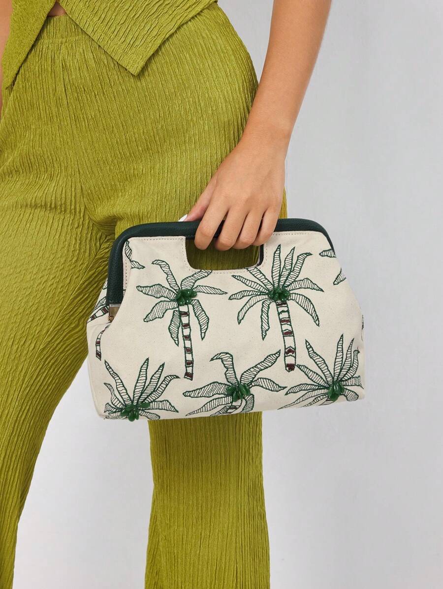 SHEIN SXY 女士手包，刺绣图案，串珠，时尚优雅，简约个性，用途广泛，适合海滩、度假、节日、夏季、海边、海滩派对、约会、日常、购物、下午茶 - 軍綠色 - 查看 1