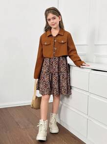 SHEIN Serisse Kids 2pcs Tween Girls' Casual Solid Color Long Sleeve Short Shirt Button Jacket And Floral Allover Print Dress Set, Suitable For Spring/Summer Outdoor Activities, Travel, Daily Wear, Leisure, Vacation And Parties