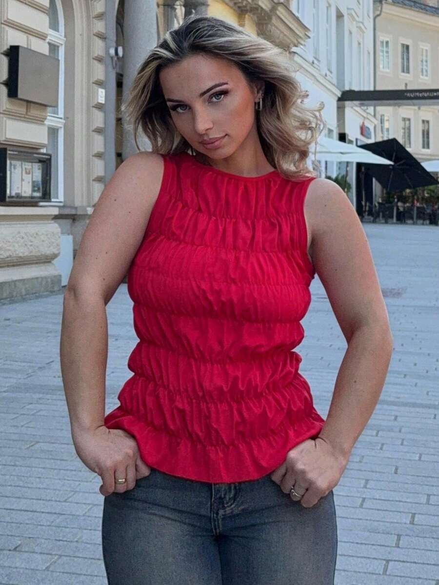 Jeta Ari Damen Sommer Lässig einfarbiges Plissee Trägerhemd mit rundem Ausschnitt