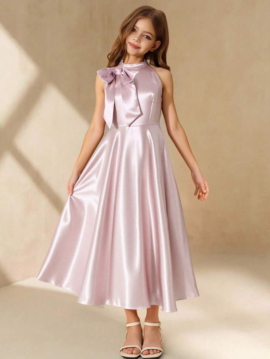 Váy dự tiệc màu hồng thời trang thanh lịch tối giản không đối xứng không tay cạp cao dài màu trơn chất liệu satin bóng tinh tế trang trí nơ cho bé gái váy dạ hội - Hồng - Xem 1