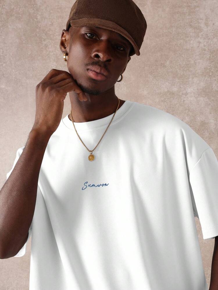 SUMWON Santorini Greece Travel Print Oversized Boxy T-Shirt Summer Vacation Mediterranean Island Resort Holiday Festival Streetwear Apparel