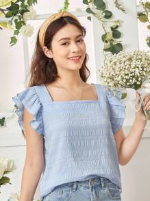 SHEIN Teen Girl Weave Texture Solid Color Square Collar Short Sleeve Casual Shirt