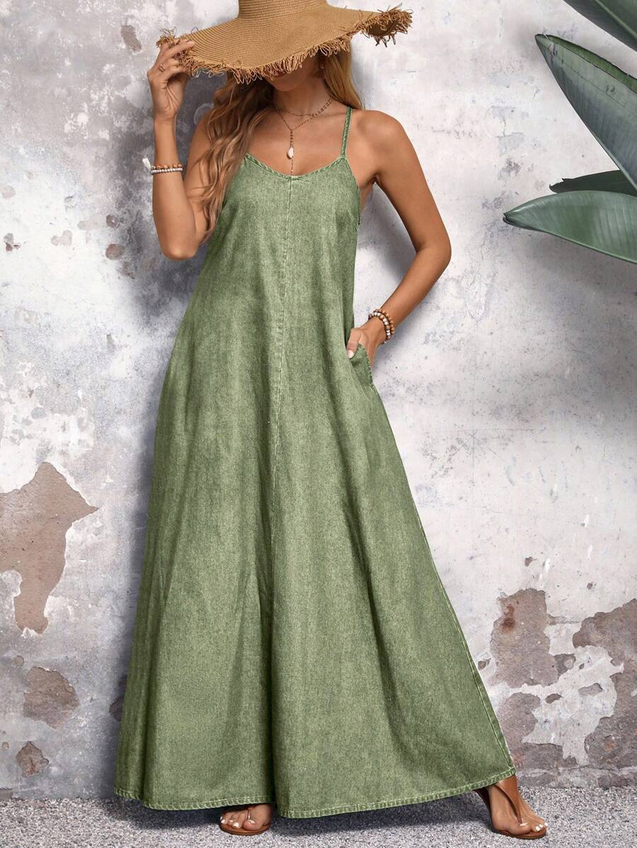 EMERY ROSE Váy denim dài không tay thường ngày đi biển mùa hè cho nữ - màu xanh lá - Xem 1