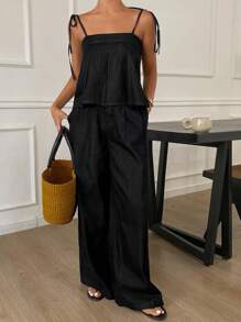 Livesso 女式夏季吊带宽松荷叶边下摆休闲牛仔连体裤 - 黑色 - 查看 4