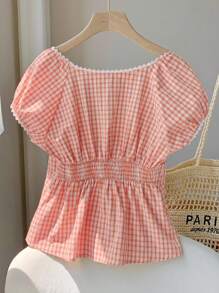 SHEIN EZwear 粉色和白色格子编织休闲女士衬衫，简约时尚，适合夏季 - 粉色 - 查看 2