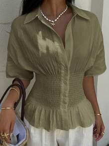 SHEIN EZwear 橄榄绿色梭织褶腰休闲短袖女衬衫 - 軍綠色 - 查看 6